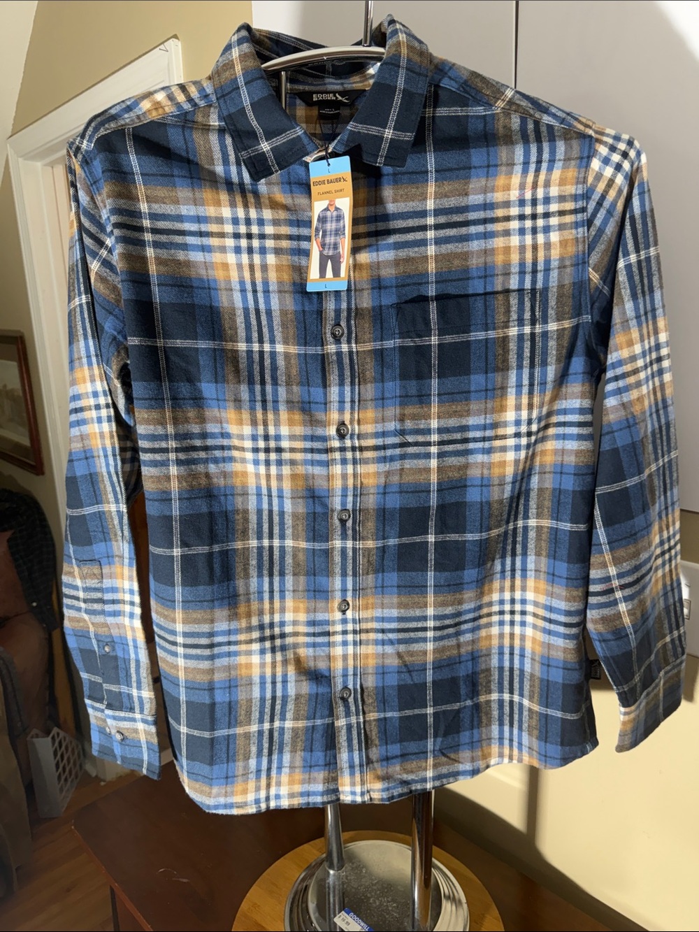 Eddie Bauer Blue, Tan and White Plaid flannel Button-Down Shirt